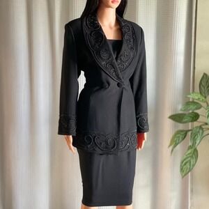 Vintage 90s‎ Demetrios Black Wool Skirt Suit Set Beaded Embellished Formal Sz 10